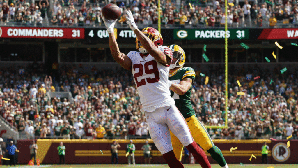 A scoreboard graphic showing the Washington Commanders leading the Green Bay Packers 31 to 24 in the 4th quarter."