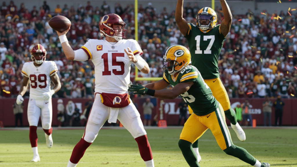 A partial scoreboard graphic showing a tied game, Commanders 24 and Packers 24, with other unclear statistics.