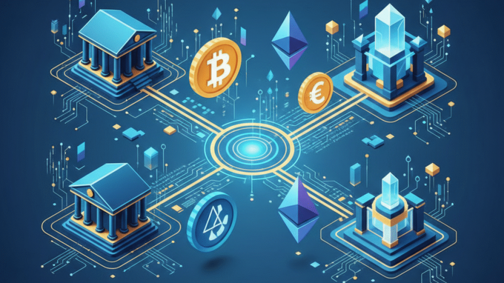 Abstract futuristic illustration of traditional banks and financial institutions connecting to cryptocurrency networks with Bitcoin and Ethereum symbols, highlighting seamless integration of finance and crypto