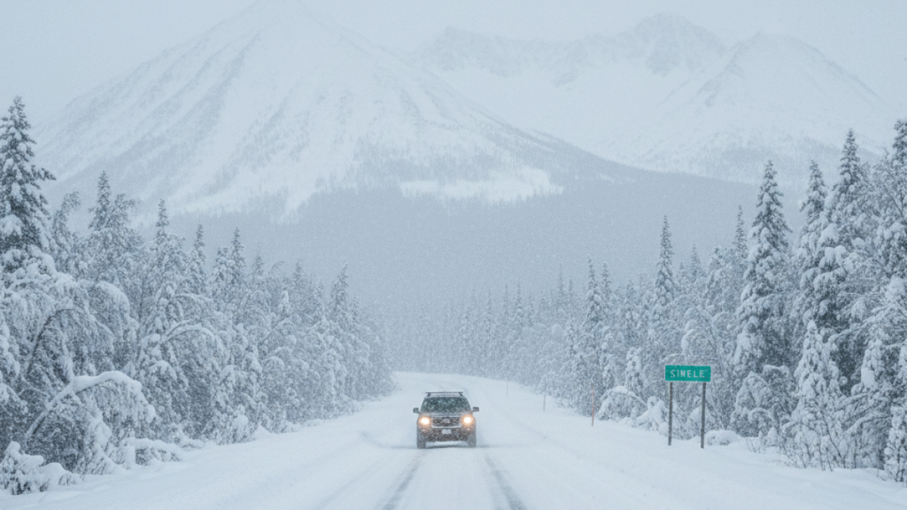 Snow-covered mountains and forest in interior Alaska.