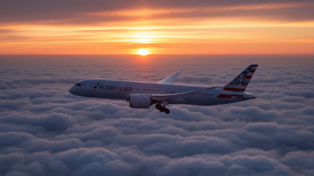 American Airlines airplane flying over clouds, representing canceled Dallas–Eugene route