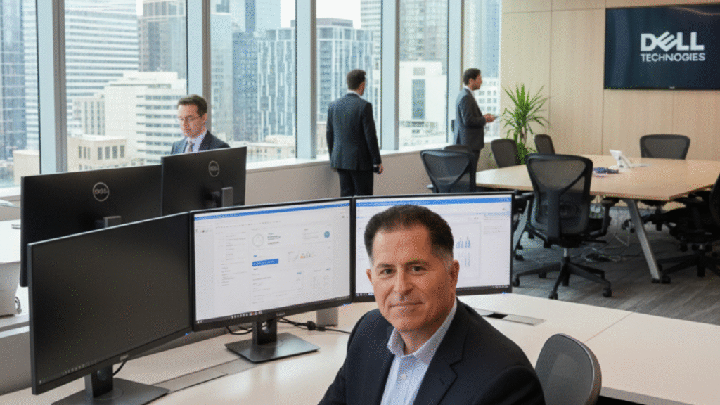 Michael Dell looking at the camera in a modern high-tech office.