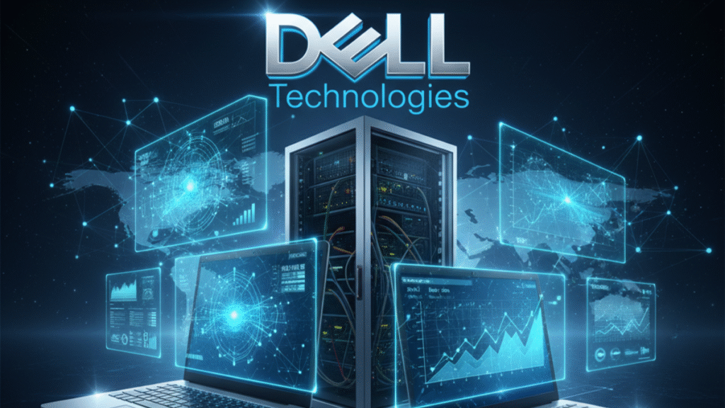 Dell Technologies logo with futuristic AI holograms and digital data displays.