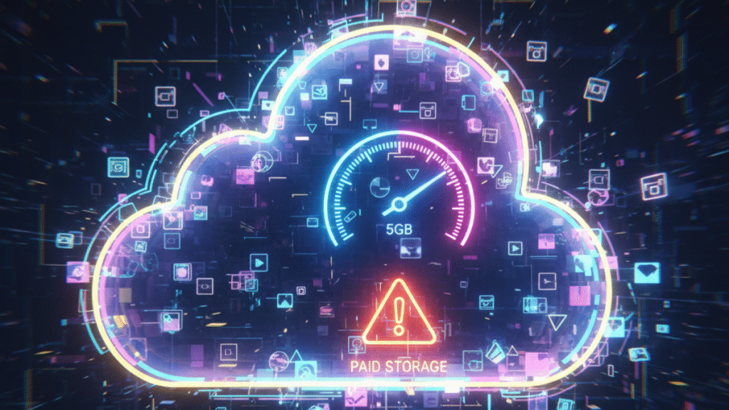 ealistic smartphone showing Snapchat Memories with photos and videos, 5GB storage notification, and subtle paid storage banner on a clean modern interface.