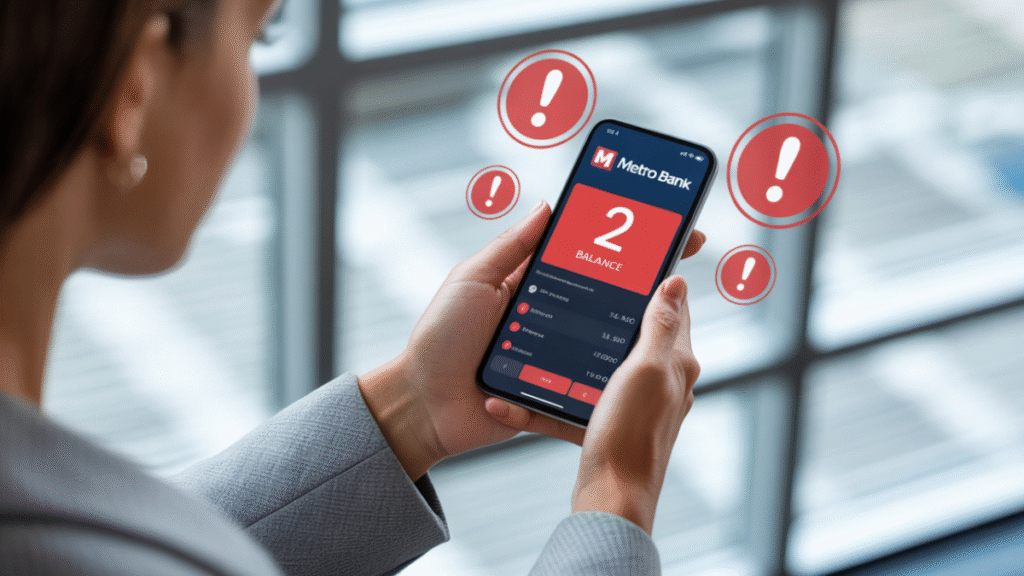 Stressed customer looking at Metro Bank app on smartphone showing negative balance and error alerts, symbolizing banking IT outage.