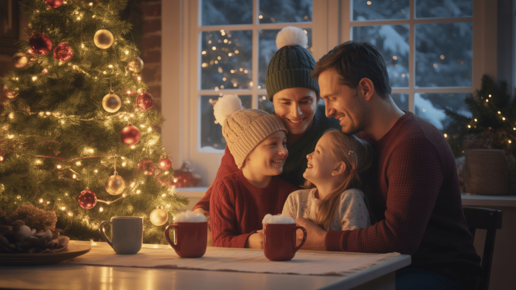 Family enjoying a cozy Christmas evening with fairy lights, a decorated tree, and soft golden lighting indoors.